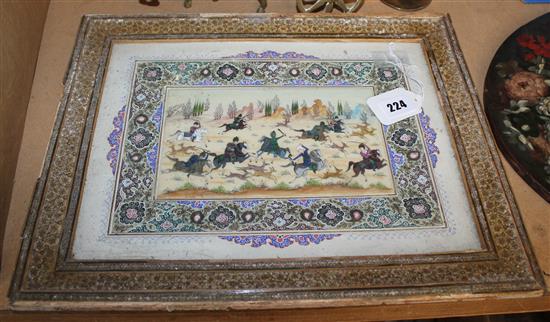 Indian hunting scene watercolour on panel, with decorative painted border and mount in inlaid frame (a.f)